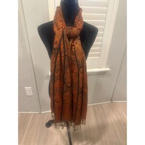 Boho Orange Black Paisley Pashmina Shawl Scarf Wrap Fringe earth tones 25x74